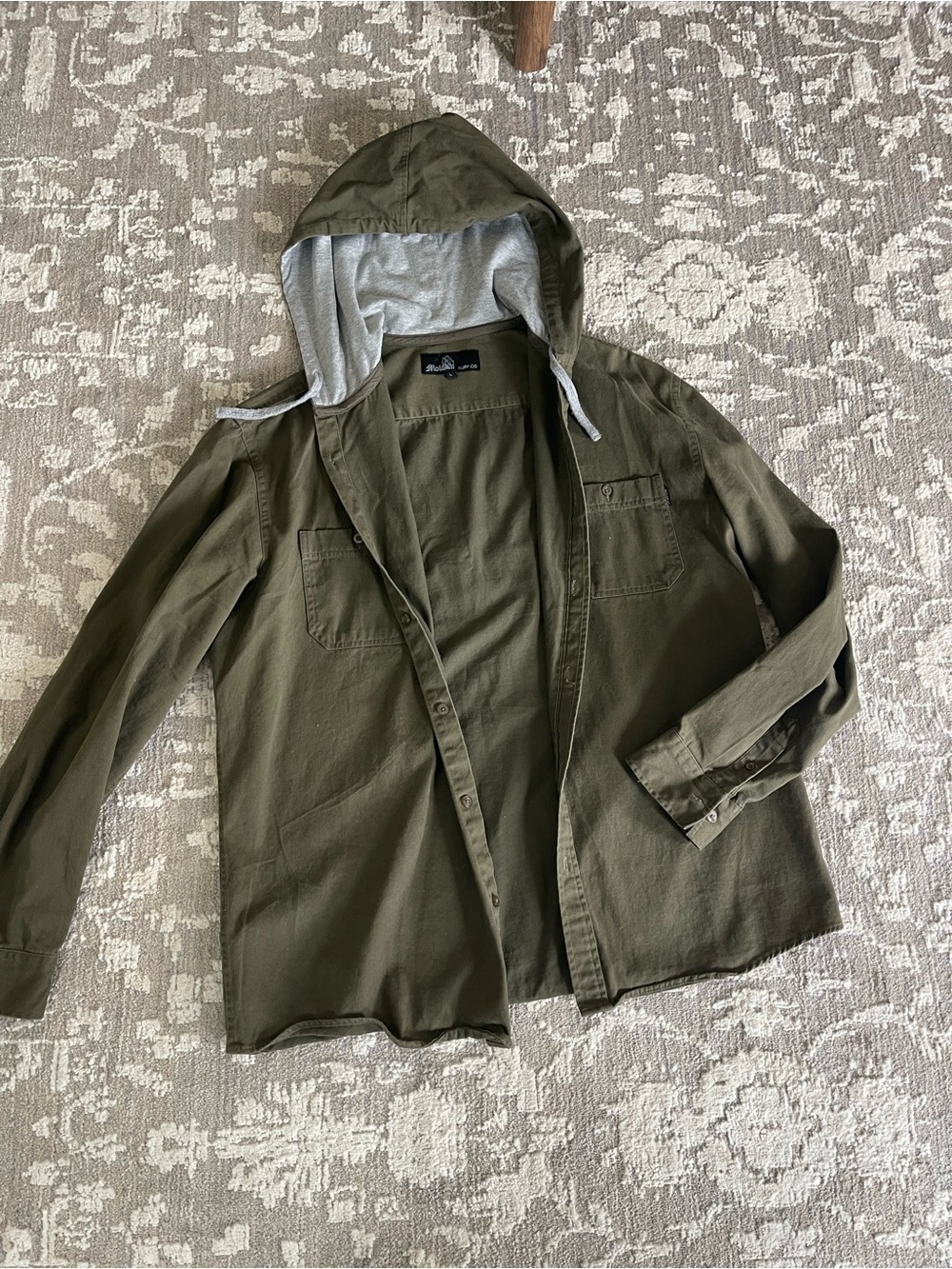 Olive Green Hooded Button-Up Shirt Jacket